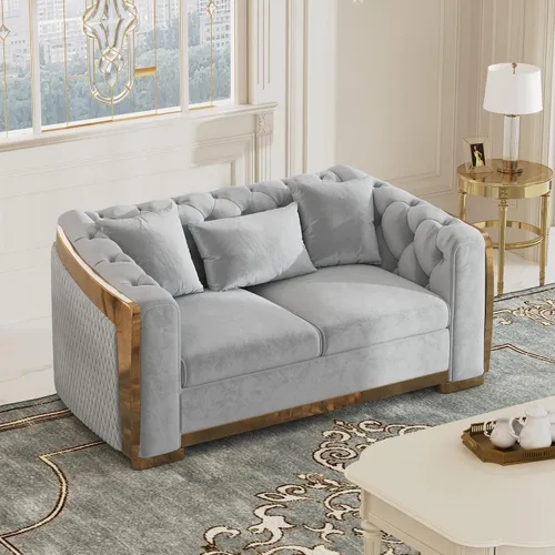 Vista 29 de DAMAIFROM Sofá Chesterfield moderno de mediados de siglo, sofá de terciopelo de 62" blanco y dorado, sofá biplaza curvo de lujo para sala de estar