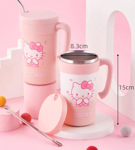 Vista 5 de Everyday Delights Hello Kitty - Vaso aislado de acero inoxidable con tapa, popote y varilla para agitar, 19.6 fl oz (blanco)
