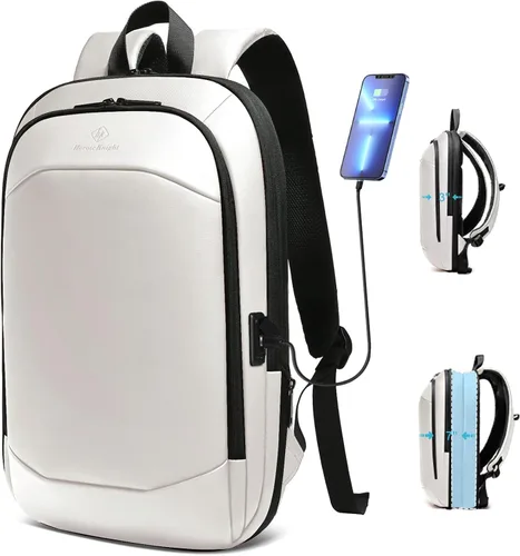 Vista 15 de hk Mochila de negocios para hombres de 17 pulgadas, delgada y expandible, impermeable, mochila de viaje para laptop con puerto de cargador USB, Negro