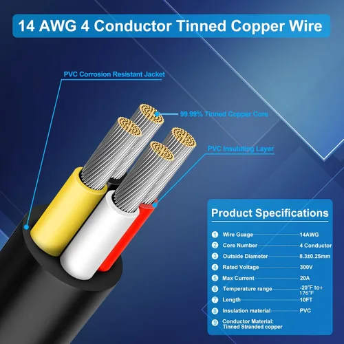 Vista 2 de Cable conductor de calibre 14, 4 conductores de cobre estañado 14/4 de 10 pies, cables eléctricos trenzados para altavoz, automoción, termostato