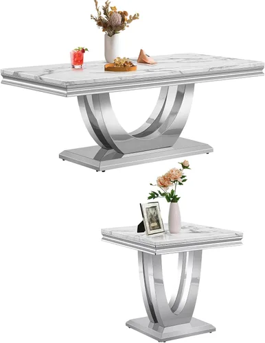 Vista 38 de SSLine Moderna mesa de centro de 1 pieza para sala de estar, mesa de centro de lujo de mármol sintético con patas de acero inoxidable en forma de S