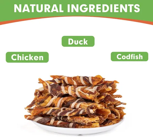 Vista 2 de MON2SUN Golosinas para perros, palitos de cecina de triple sabor, palitos de pollo de pato y bacalao de 4.5 a 5 pulgadas para perros pequeños