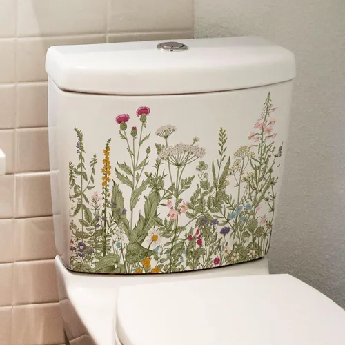 Vista 2 de Adhesivo para inodoro con hojas de plantas verdes, autoadhesivo, extraíble, impermeable, calcomanías de pared para inodoro, baño, cisterna