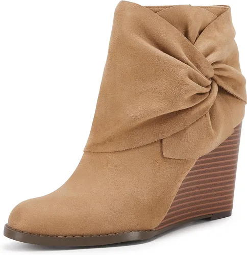 Vista 3 de Fashare Botines de cuña para mujer, tacón de lazo, tacón apilado, zapatos de vestir de invierno, Negro, Café