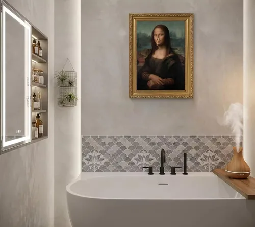 Vista 4 de Pintura clásica de Mona Lisa enmarcada en oro, arte de pared de baño, póster divertido de humor divertido para baño, impresión en lienzo de baño