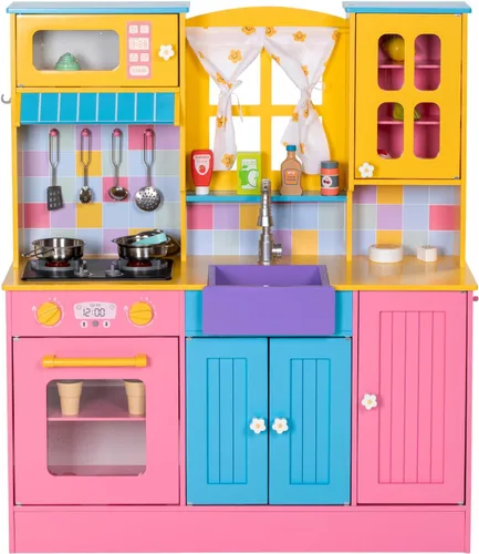 Vista 9 de BRINJOY Cocina de Juguete para Niños, Juego de Cocina de Madera para Niños con Cafetera, Horno, Estufa, Fregadero, Delantal, Máquina de Hielo