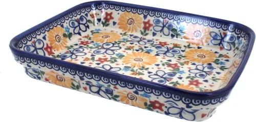 Vista 3 de Blue Rose Polish Pottery - Molde rectangular pequeño Orange Ashley - 10.25" x 8" - Utensilios para hornear únicos, aptos para lavavajillas