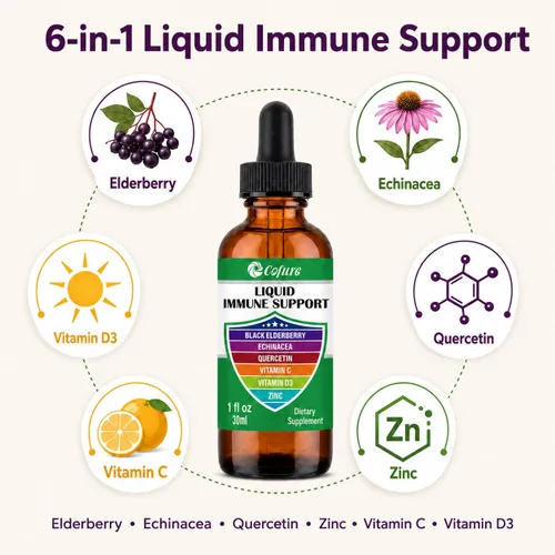 Vista 2 de Zinc Quercetina Vitamina C D3 Líquido de apoyo inmunológico con equinácea orgánica saúco, suplemento de gotas de defensa inmunológica para adultos