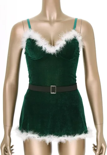 Vista 3 de Ropa interior de Navidad para mujer, sin mangas, de terciopelo, sexy, minivestido con bragas, cinturón, camisón de Santa Verde oscuro
