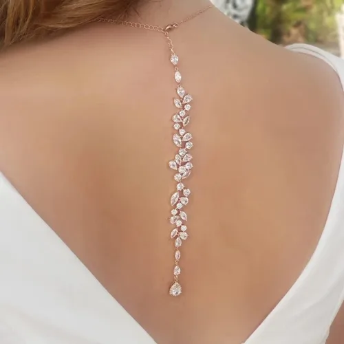 Vista 4 de Collar de telón de fondo de circonita cúbica para novia, dama de honor, boda, elegante collar de espalda, cadenas de cuerpo