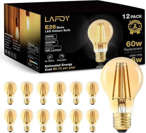 Vista 13 de Bombillas Lafoy A19 E26 ámbar 2200K de luz cálida suave, bombillas LED Edison vintage 60 vatios equivalentes, estilo antiguo ajustable de moda