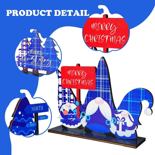 Vista 3 de NEROSUN 5 piezas de decoraciones de centro de mesa navideñas, letreros de decoración de mesa de madera de muñeco de nieve navideño, Papá Noel