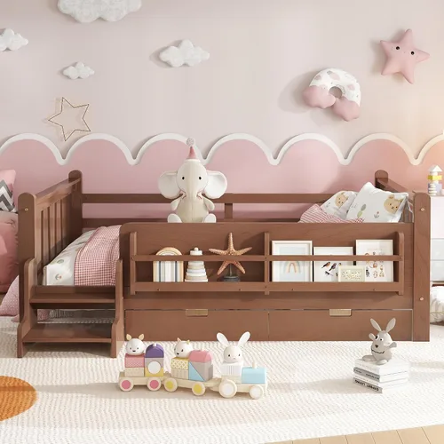 Vista 3 de Bellemave Cama Montessori completa con escaleras y cajones de Escaleras marrones