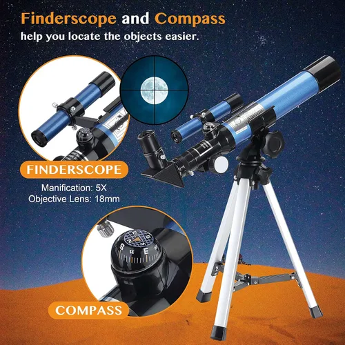 Vista 3 de Telescopios AOMEKIE 40/400 con trípode de mesa 2 oculares, telescopios portátiles para principiantes de astronomía con buscador y brújula