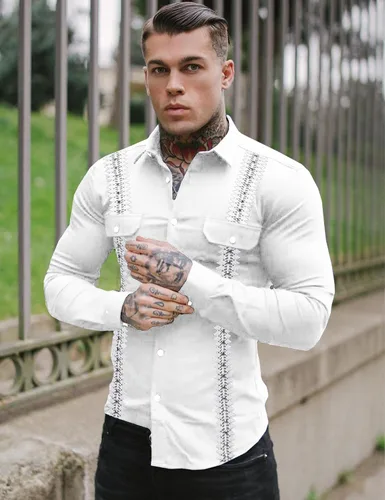 Vista 3 de KELLORENA Camisas de guayabera cubana de manga larga con botones, estilo mexicano, camisas de algodón para campamento