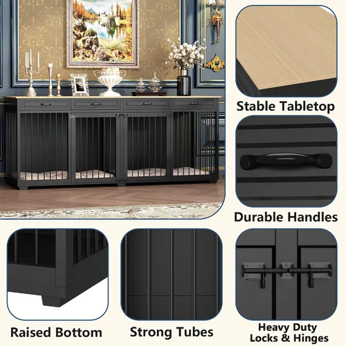 Vista 5 de Mueble grande para perros, perrera de madera de 86.6 pulgadas con cajones y divisor, muebles de interior resistentes, estilo casa para perros