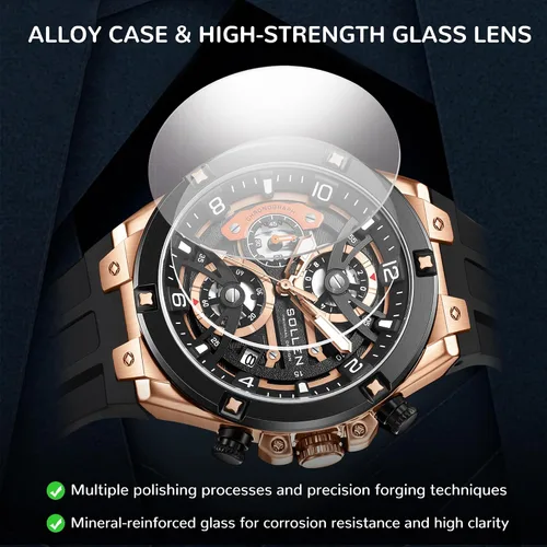 Vista 7 de SOLLEN Men's Chronograph Watch, Analog Quartz Watches for Men, Fashion Sport Wrist Watches with Silicon Strap, 30M Waterproof Casual Dress Work