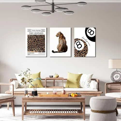 Vista 7 de Conjunto de 3 modernos pósteres de pared de leopardo en lona con bola de la suerte número 8, arte de pared elegante, decoraciones de pared