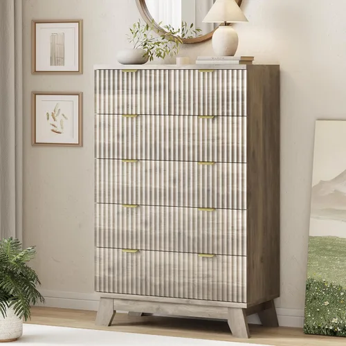 Vista 32 de Cómoda acanalada para dormitorio con 3 cajones, cómoda moderna de 24 pulgadas de ancho con mango de metal, soporte de TV de madera, armario de Negro