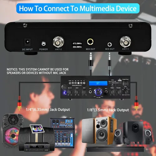 Vista 5 de Micrófono inalámbrico J10 Sistema de karaoke recargable, micrófono inalámbrico de metal UHF de mano con control de graves agudos de volumen y caja