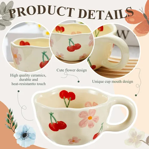 Vista 4 de Vesici 1 juego de tazas de café de cerámica con platillo y cuchara, bonitos regalos para el día de la madre para mamá, 8.5 onzas, taza de té floral