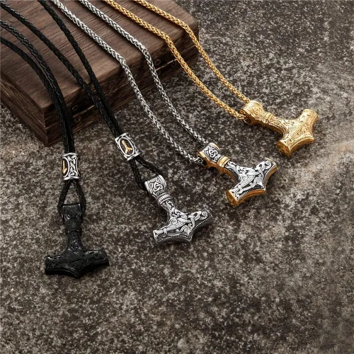Vista 5 de 1988HUYHOAT - Collar de cuentas de runas nórdicas chapadas en oro para hombre colgante Mjolnir de acero inoxidable amuleto vikingo joyería masculina