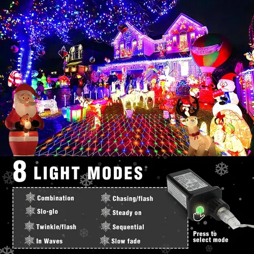 Vista 3 de Luces de Navidad para exteriores, 360 luces LED resistentes de red de Navidad, 12 x 5 pies, 8 modos de luz, luces de decoración de Navidad
