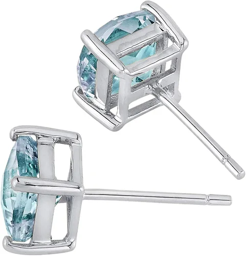 Vista 3 de Peora Aretes de tuerca de oro blanco macizo de 14 quilates para mujer, piedra natal de piedras preciosas auténticas, hipoalergénicos, corte de cojín