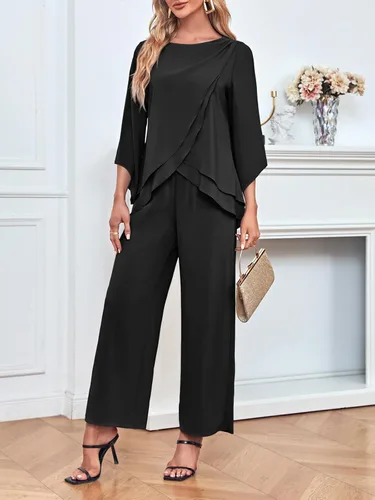 Vista 3 de Zongqiven Traje de 2 piezas de gasa para mujer con dobladillo asimétrico, blusa y pantalones para boda, fiesta, baile de graduación