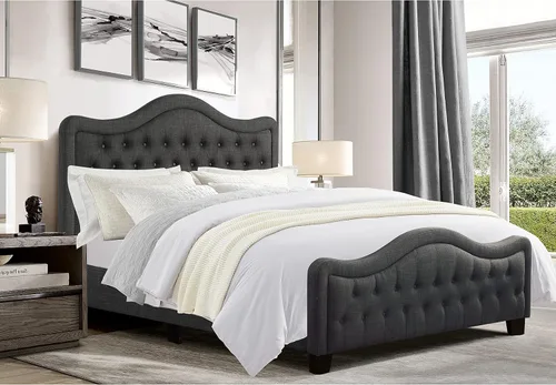 Vista 13 de Rosevera Turin Linen - Cama tapizada con paneles con cabecero ajustable con botones para dormitorio, tamaño Queen, carbono