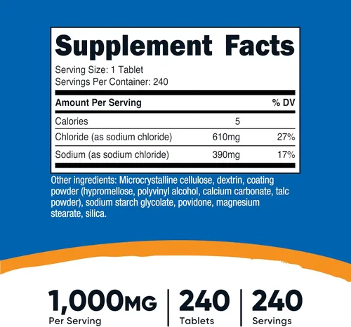 Vista 2 de Nutricost Cloruro de sodio 1000 mg, 240 tabletas - Tabletas de sal, sin OMG, sin gluten