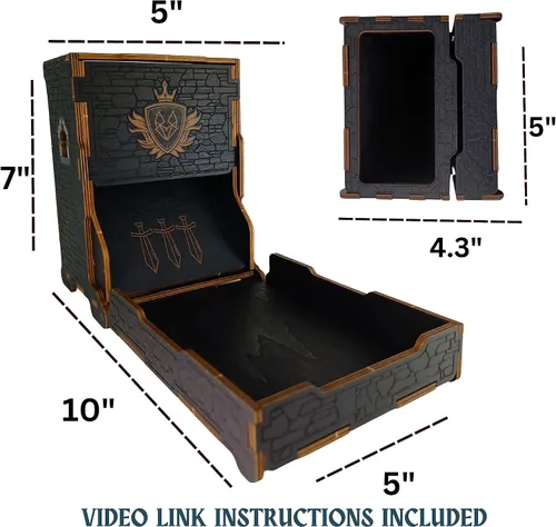 Vista 3 de FOXBITE Torre de dados para Dungeons and Dragons Tower con bandeja de madera grabada con láser DND portátil y plegable, rodillo de dados perfecto