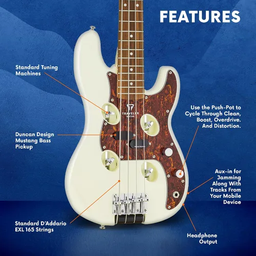 Vista 3 de Traveler Guitar TB-4P Pearl White Bass Guitarra de viaje con entrada auxiliar Bajo de 4 cuerdas con 22 trastes jumbo Bajo eléctrico portátil