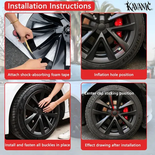 Vista 3 de KAVANIC 4 piezas de tapacubos para Tesla Model 3, cubiertas de rueda de 18 pulgadas, tapa de rueda mate negra con logotipo de estilo arácnido