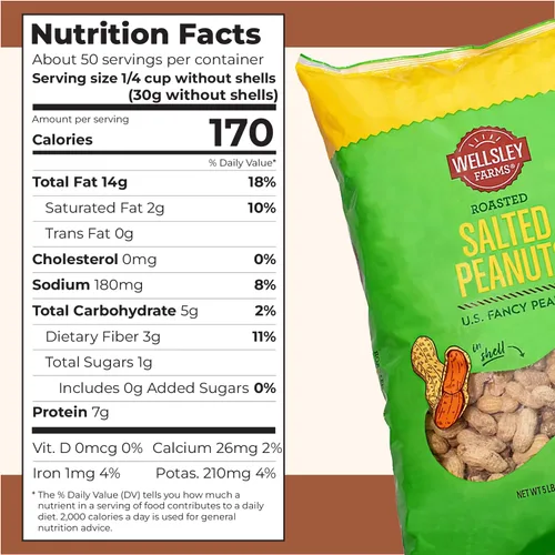 Vista 2 de Wellsley Farms Cacahuetes tostados salados con cáscara, cultivados en Estados Unidos, sin OMG, sin gluten, vegano, sin colesterol, aperitivo
