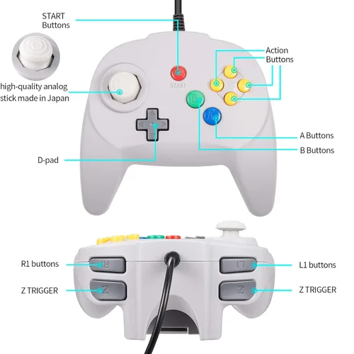 Vista 3 de KIWITATA N64 Mini USB Controller, Retro N64 Wired 64-bit PC Remote Upgraded Joystick Game Pad Controller for Windows PC MAC Linux Raspberry Pi Grey