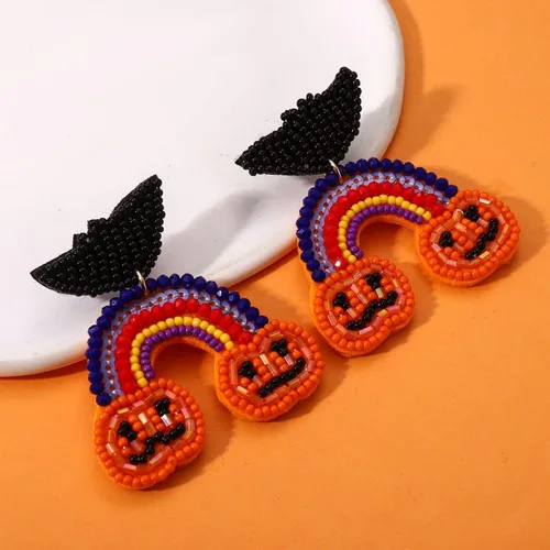 Vista 7 de Aretes de Halloween para mujer, lindos aretes colgantes de calabaza fantasma, con cuentas, espeluznante sombrero de bruja de calavera boo truco RIP