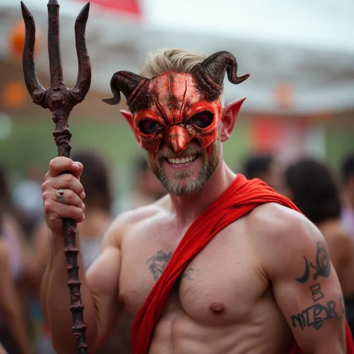 Vista 3 de VZQI Máscara de demonio de media cara de diablo para Halloween, cosplay, accesorios para adultos Rojo