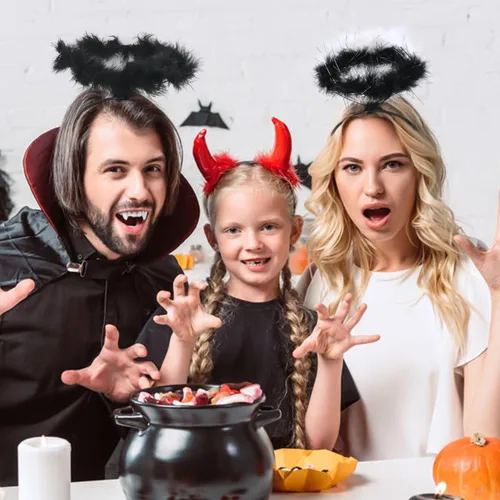 Vista 6 de SULOLI Diademas con halo de ángel de Halloween, 2 piezas de plumas extra para el pelo, accesorio de cosplay para niños y adultos