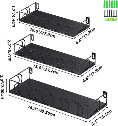 Vista 3 de Estantes de Pared con Fases Lunares Negros, Paquete de 3 Estantes Flotantes Pequeños para Libros y Plantas para Dormitorio, Habitación Infantil