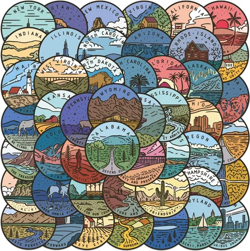 Vista 10 de Calcomanías de mapa de Estados Unidos, 50 unidades, Funimost Travel USA, calcomanías de vinilo impermeables para botellas de agua, laptop