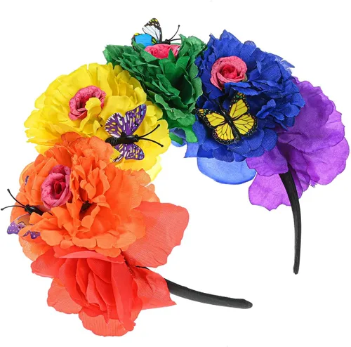 Vista 9 de DreamLily Frida Kahlo NC26 - Diadema con corona de rosas mexicanas para disfraz de fiesta de Halloween