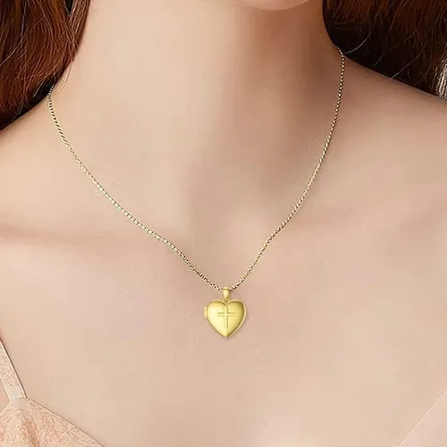 Vista 2 de MUUYON 9K Gold Personalized Photo Locket Necklace Heart Shaped for Women, Real Yellow Gold Cross Custom Locket Necklace That Hold Picture for Women
