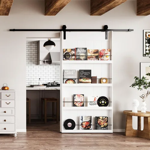 Vista 17 de BARNER HOME Puerta corrediza de granero de 30" x 84", puerta de granero estilo estante con kit de herrajes de 6 pies, hecha de MDF imprimado Negro