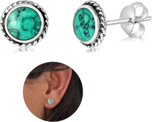 Vista 16 de Sterling Silver Turquoise & Black Onyx Stone Small Stud Earrings, Handmade Minimalist Style Lightweight Comfortable Fit Everyday Wear