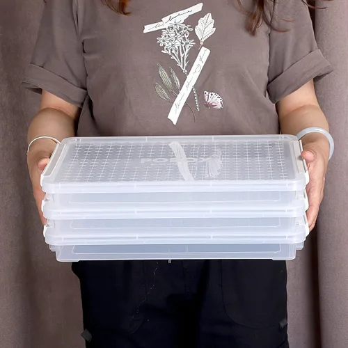Vista 7 de BTSKY Paquete de 4 cajas de almacenamiento apilables de plástico transparente A4 Plus, contenedor de papel para revistas, con hebilla, accesorios