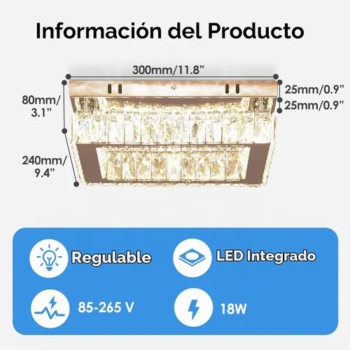 Vista 3 de Lámpara rectangular de cristal, luz de techo LED regulable Control remoto y aplicación, 3000K-6500K blanco sintonizable, cristal K9 y acero