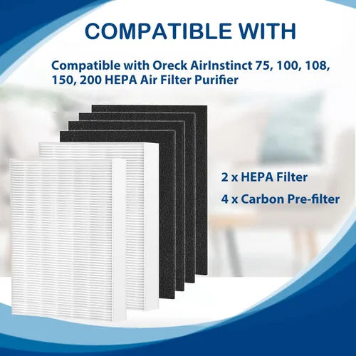 Vista 5 de Filtro HEPA Air108 de repuesto compatible con purificadores de aire Oreck AirInstinct 75, 100, 108, 150, 200, incluyendo 2 filtros HEPA Ture y 4