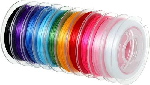 Vista 2 de 12 rollos de cuerda elástica plana de 0.028 in, cuerda elástica para pulseras, collares, cuentas de arcilla, cuentas de pony (10 colores)