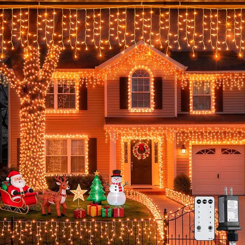 Vista 17 de JMEXSUSS 400 luces LED de Navidad de carámbano de 38.8 pies con control remoto, tira de luces multicolor para exteriores enchufables, 8 modos